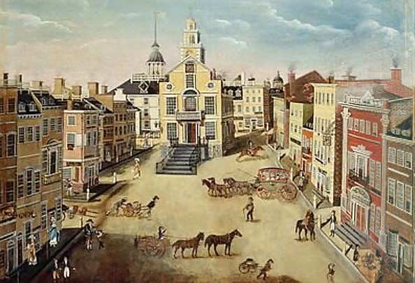 Boston korabeli látképe a régi városházával